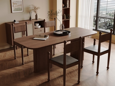 中古风餐厅 餐桌椅 餐边柜su模型