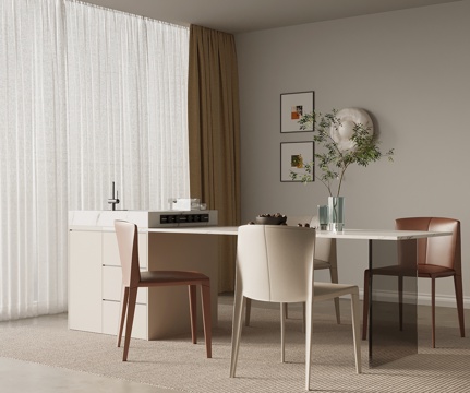 现代奶油风岛台 餐桌椅su模型