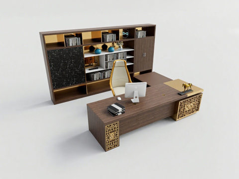 新中式总裁办公桌椅 鎏金纹办公桌椅 老板桌椅su模型