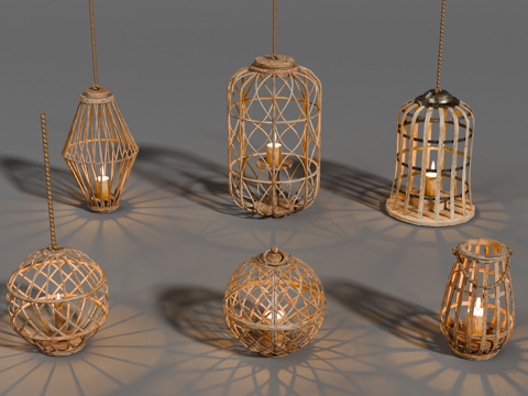 竹编灯笼 诧寂风灯笼 东南亚灯笼 竹编吊灯 藤编烛台灯su模型