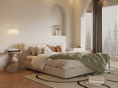 奶油风卧室 双人床 床头柜su模型