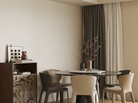  新中式餐桌椅 圆桌餐桌 复古风餐桌椅 中古风餐桌椅 餐桌摆件3d模型 