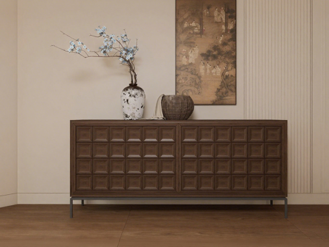 诧祭风深木格纹餐边柜 东方韵味储物柜 禅意餐边柜su模型