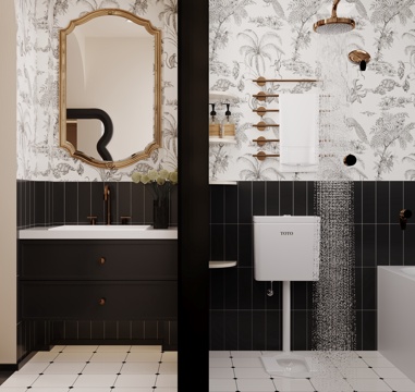  侘寂风卫生间 复古卫生间 卫生间 洗手盆 镜子 坐便器 毛巾3d模型 