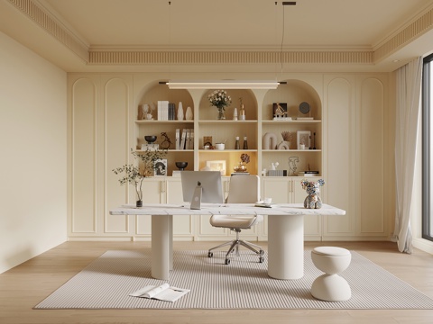 法式奶油风书房 书柜 书桌椅组合su模型