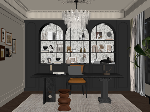 法式复古风书房 书柜 书桌椅su模型