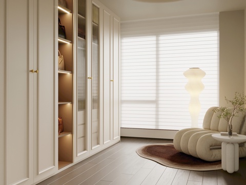 法式奶油风衣帽间 衣柜 休闲椅su模型