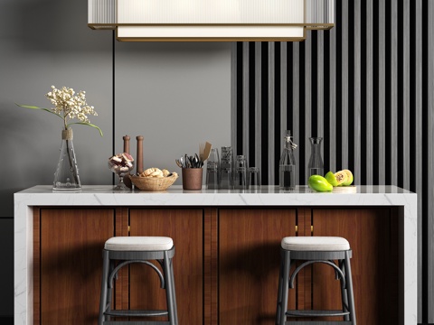  新中式餐厅 中岛 吊灯 吧椅 餐具食品组合3d模型 