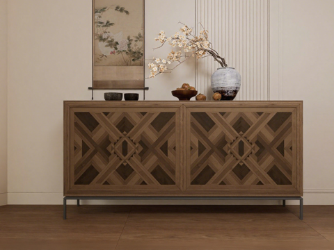 新中式餐边柜 菱纹深木su模型