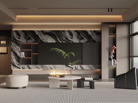 现代意式客厅 电视柜 电视背景墙 沙发茶几组合su模型