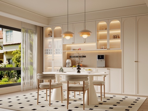  法式奶油风餐厅 餐桌椅 餐边柜 酒柜3d模型 