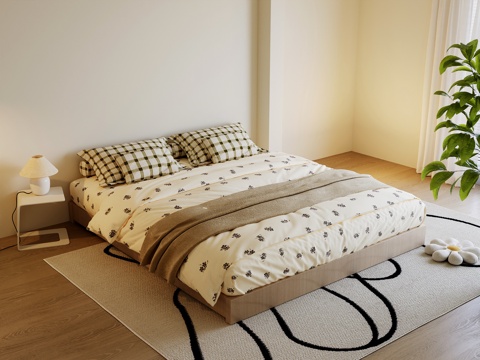 现代奶油风双人床su模型