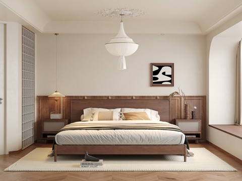 中古侘寂风卧室 双人床组合 床头柜 吊灯 绿植饰品摆件 背景su模型