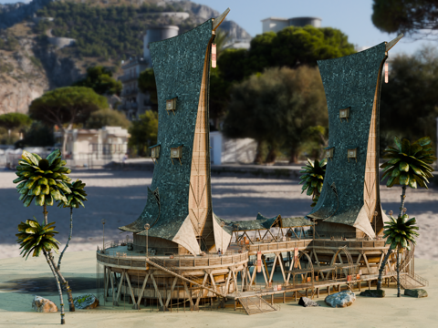 茅草屋 竹屋 木屋 树屋 海景打卡民宿 部落房屋su模型