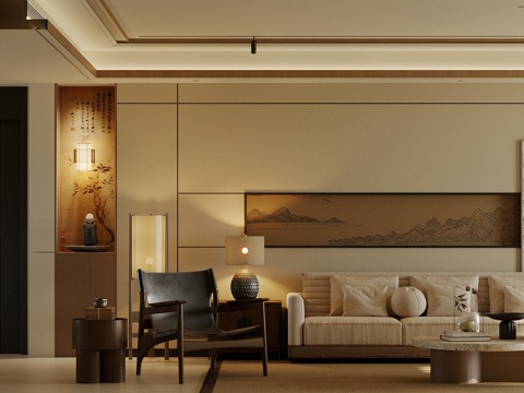 新中式禅意客餐厅 中式客餐厅 宋式美学客餐厅 沙发茶几组合su模型