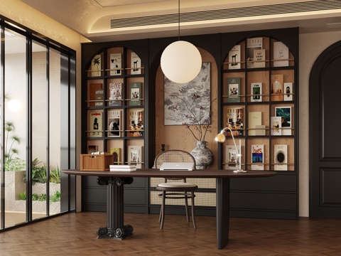 法式复古风书房 书柜 书桌椅su模型