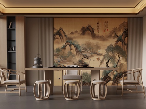 新中式茶室 茶室背景墙 茶桌椅su模型