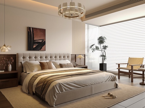 中古侘寂风卧室 双人床组合 床头柜 吊灯 绿植饰品摆件 背景su模型