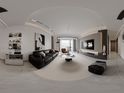  现代客餐厅全景 客厅 餐厅 挂画 吊灯 装饰柜 