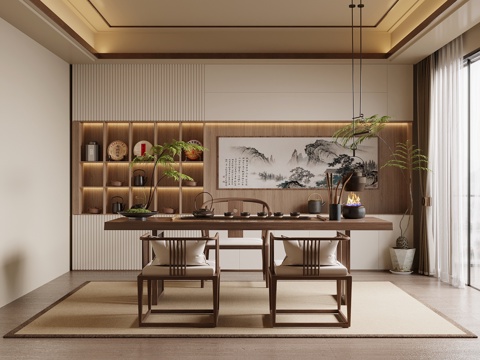 新中式茶室 茶柜 茶桌椅su模型