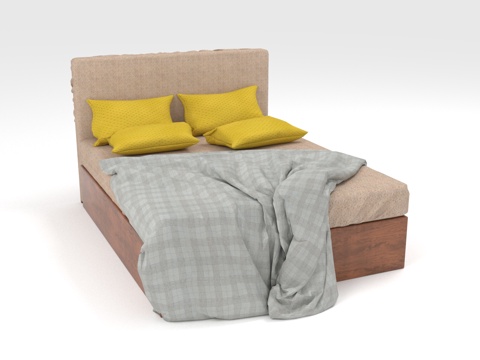  双人床 布艺床 简约床 实木床架 软包床头3d模型 