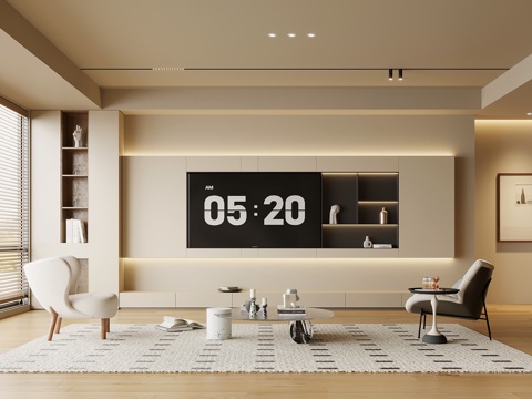 现代奶油风客厅 电视背景墙 电视柜 沙发茶几组合su模型