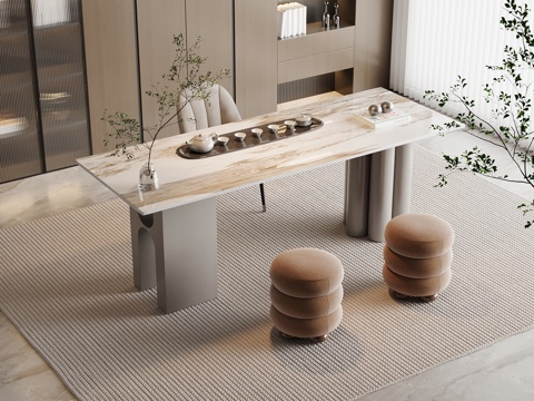 现代茶桌椅 茶台 茶具su模型
