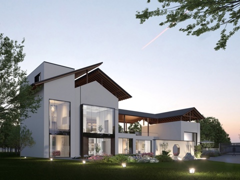 新中式民宿建筑 斜顶su模型