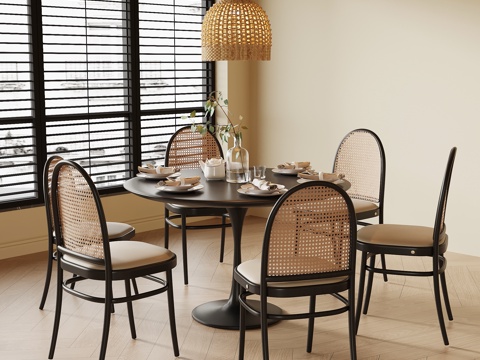 法式餐桌椅 圆形餐桌 藤编餐椅su模型