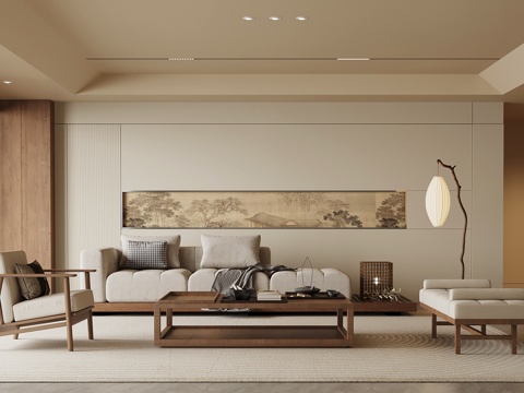 中古风客厅 沙发茶几组合 落地灯su模型