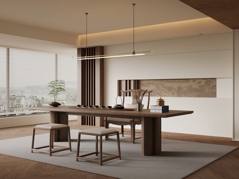 新中式茶室 茶桌椅 背景墙su模型