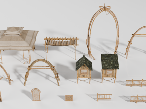 竹屋构件 东南亚竹屋构件 竹亭 竹棚 竹围栏 竹窗su模型