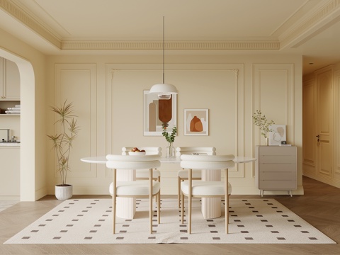 法式奶油风餐厅 餐桌椅组合su模型