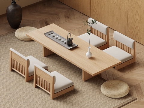 新中式榻榻米茶桌椅su模型