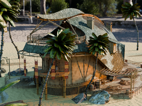 茅草屋 竹屋 木屋 树屋 海景打卡民宿 部落房屋su模型