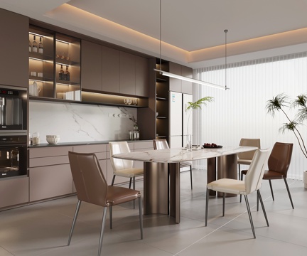 现代意式餐厅 餐桌椅 酒柜su模型