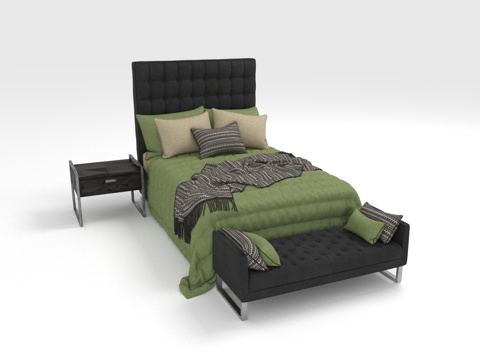  双人床 软包床 床尾凳 现代床 高背床3d模型 