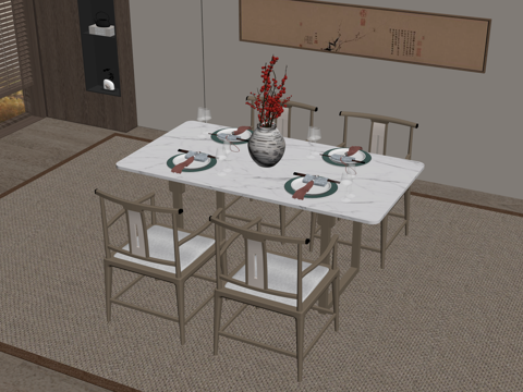 新中式餐桌椅 圆形餐桌 实木餐桌su模型
