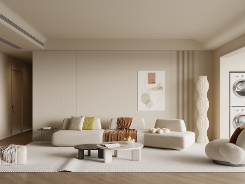 现代奶油风客厅 沙发茶几组合 沙发背景墙su模型