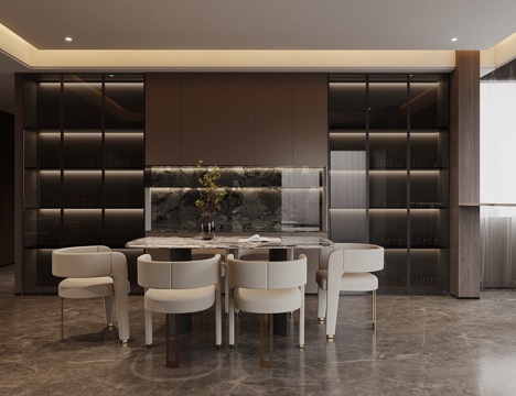 现代意式家居餐厅 高级灰家居餐厅 轻奢意家居餐厅 大理石餐桌su模型