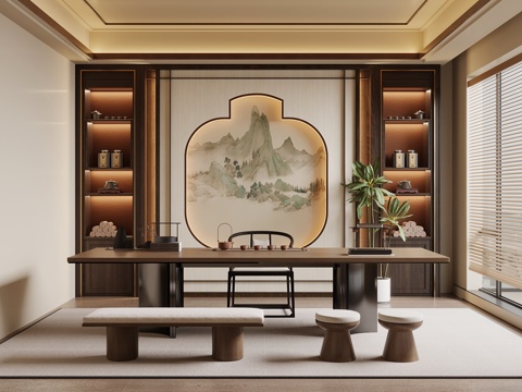 新中式茶室 茶柜 茶桌椅su模型