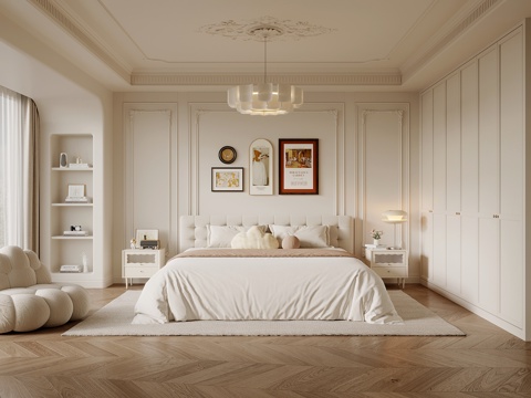 法式奶油风卧室 双人床 床头柜 衣柜su模型