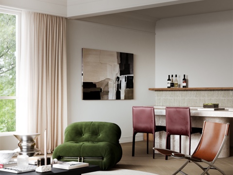  复古中古家居客餐厅 壁炉客餐厅 侘寂法式客餐厅3d模型 