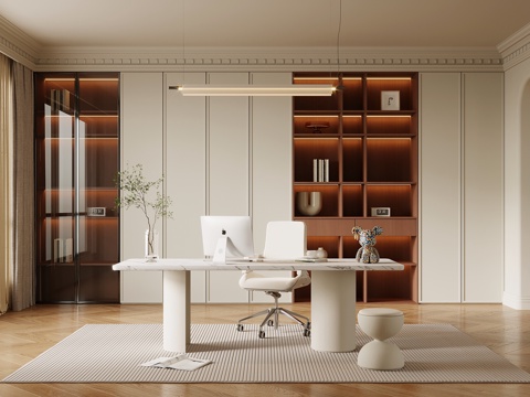 法式奶油风书房 书柜 书桌椅su模型