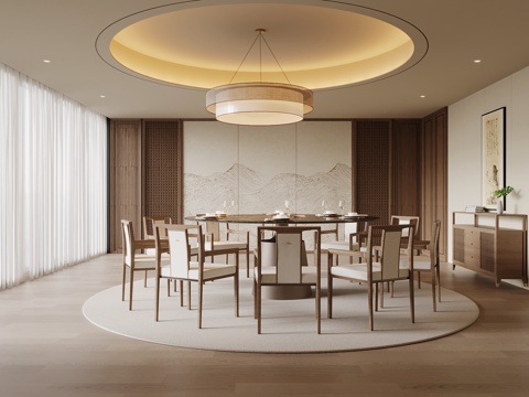 新中式餐饮包厢 包间 餐桌椅su模型