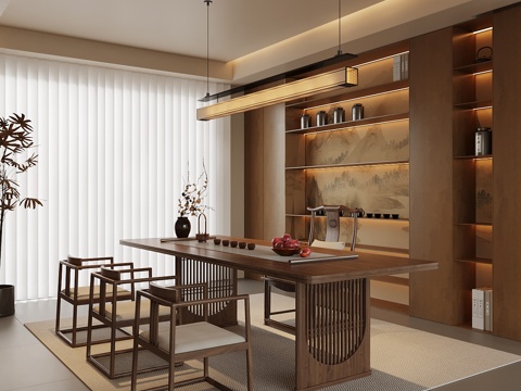 新中式茶室 茶桌椅 茶柜su模型