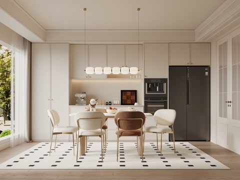 法式奶油风餐厅 酒柜 餐边柜 餐桌椅su模型