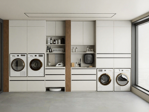 现代化洗衣房 智能洗衣房 嵌入式家电收纳墙su模型