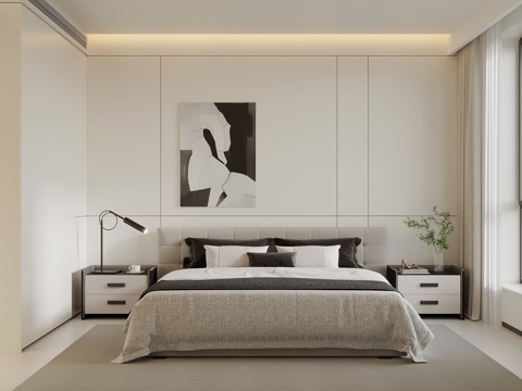 现代极简卧室 主卧 双人床 床头柜 衣柜su模型