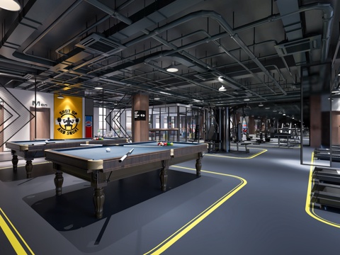 工业风健身房  台球室 瑜伽室 健身器材su模型